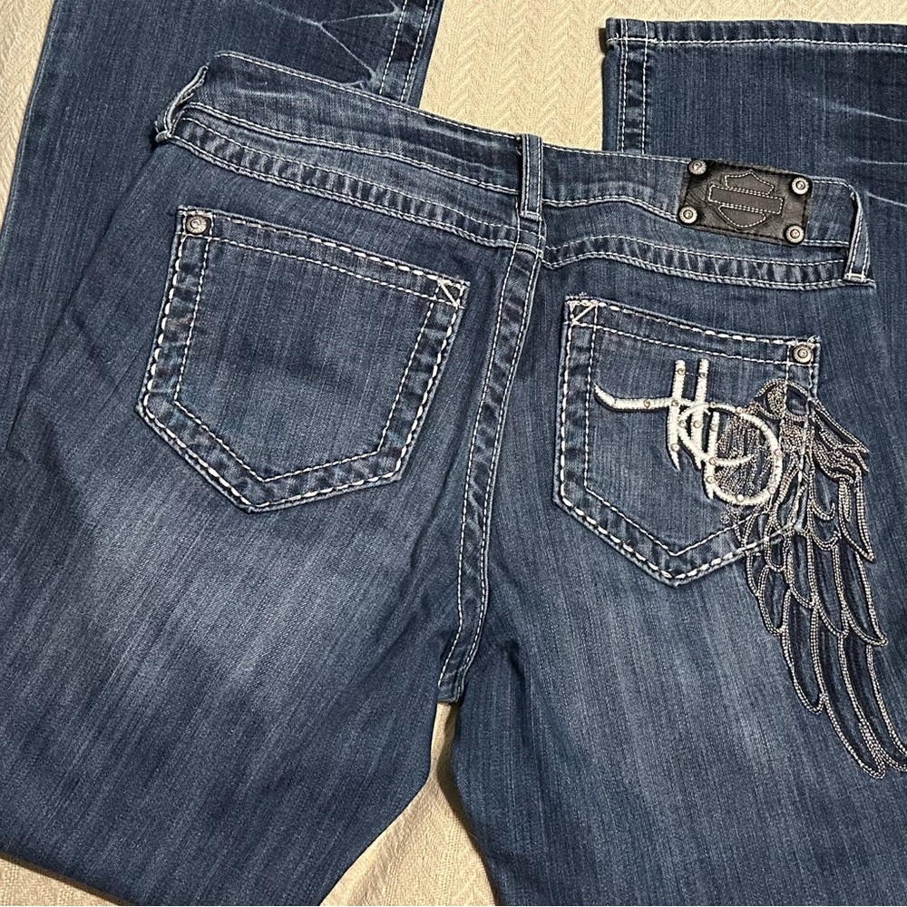 🖤 Harley-Davidson Angel wing embellished/embroidered low rise jeans 10 petite